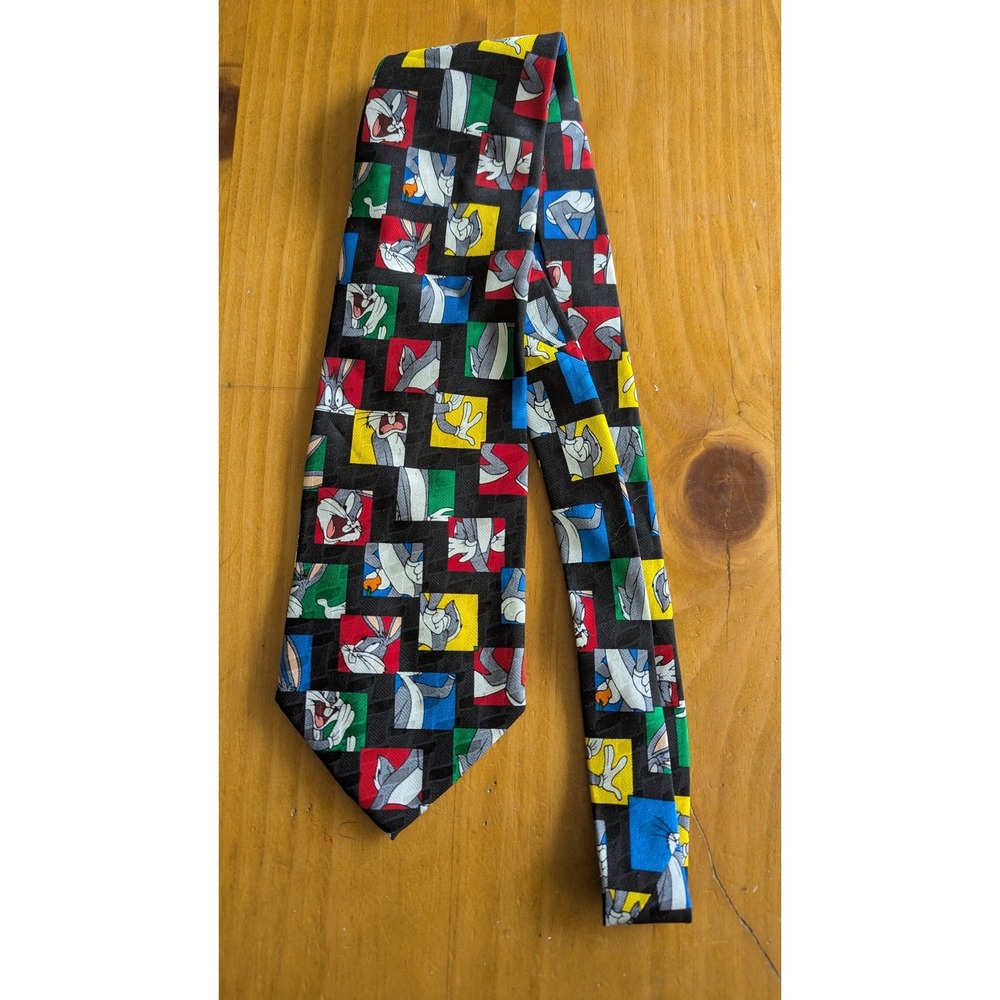 Vintage 1996 Looney Tunes‎ Mania Bugs Bunny Silk Tie Multicolor Character Grid